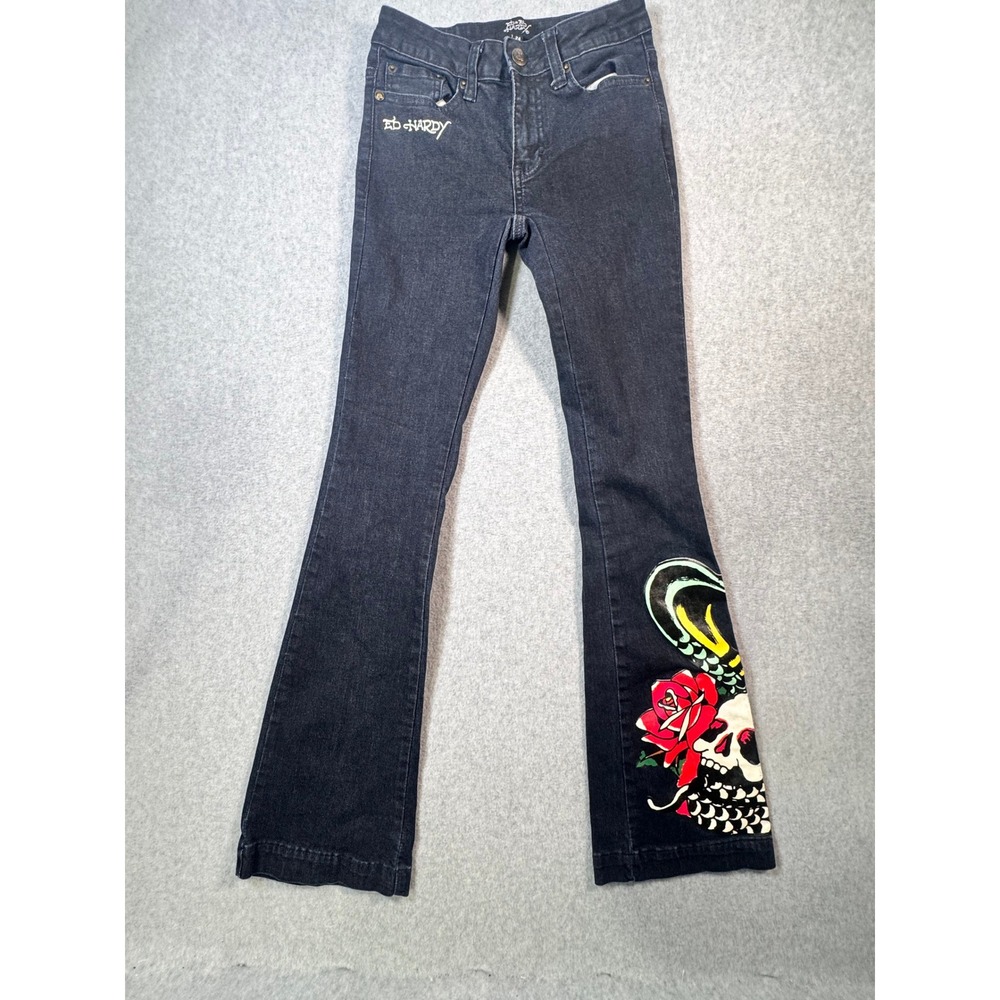 Ed Hardy Womens Dark Wash Flare Jeans Skull Snake Rose Graphic Y2K Size 24